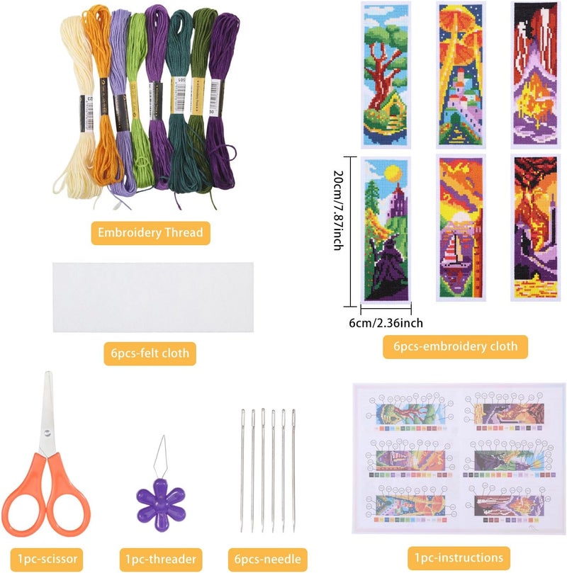 ORIGACH 6 Pcs Cross Stitch Bookmark Kit for Beginner Landscape Castle Stamped Embroidery Stitch Kits for Starter DIY Bookmarks Printed Cross Stitch Kits with 19 Colors Embroidery Floss - Image 2